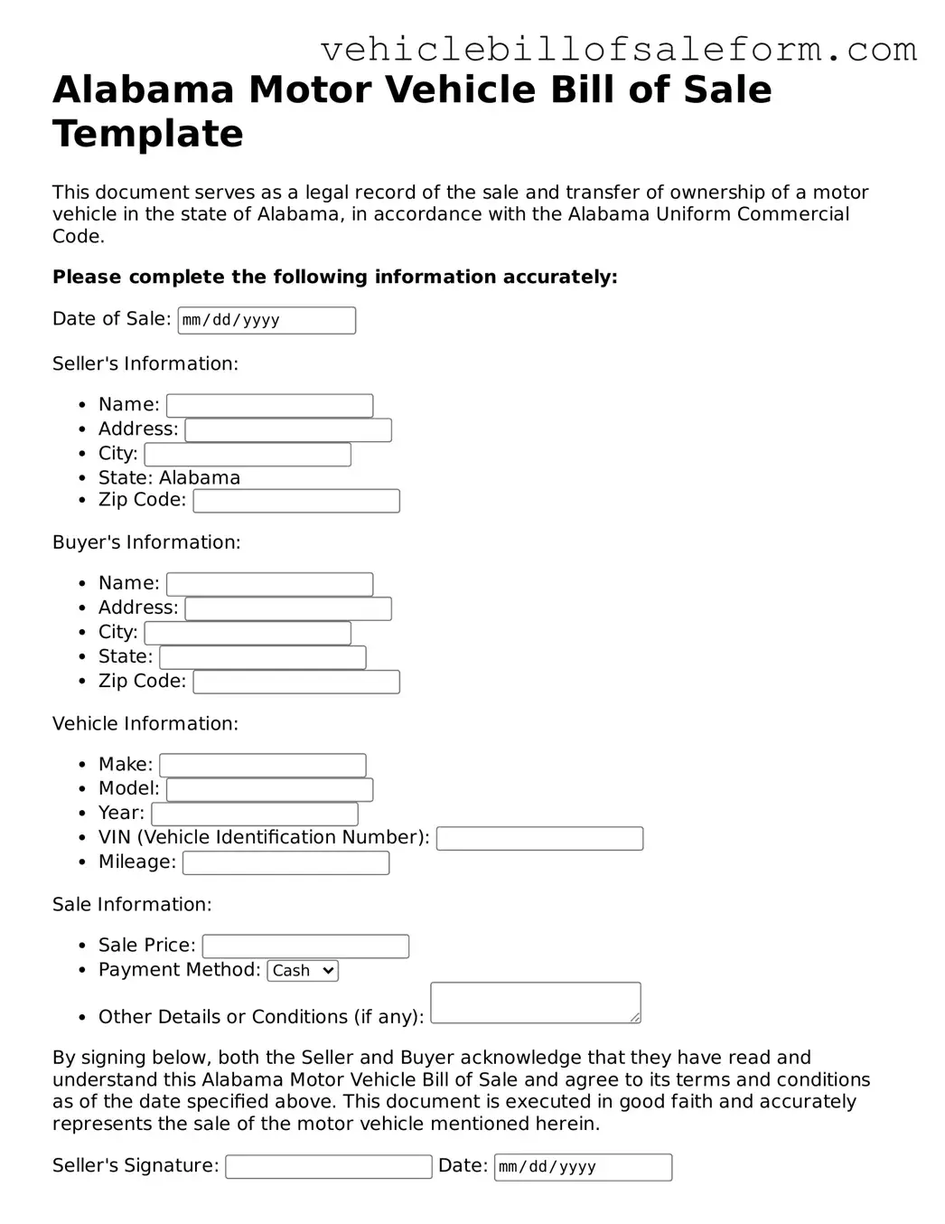 Printable  Motor Vehicle Bill of Sale Template for Alabama