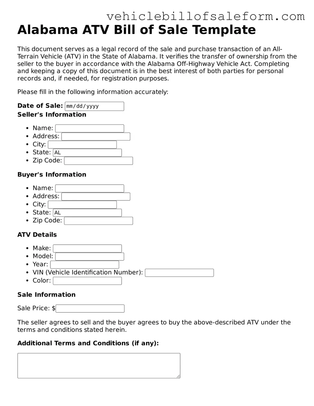 Printable  ATV Bill of Sale Template for Alabama