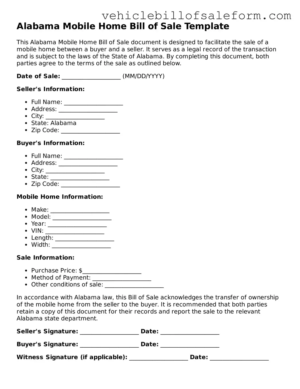 Printable  Mobile Home Bill of Sale Template for Alabama
