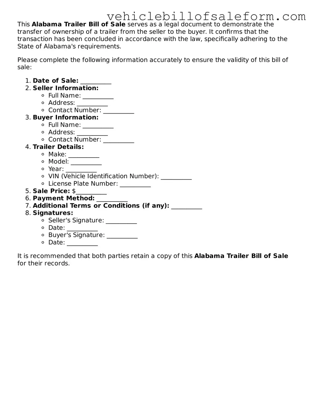 Printable  Trailer Bill of Sale Template for Alabama