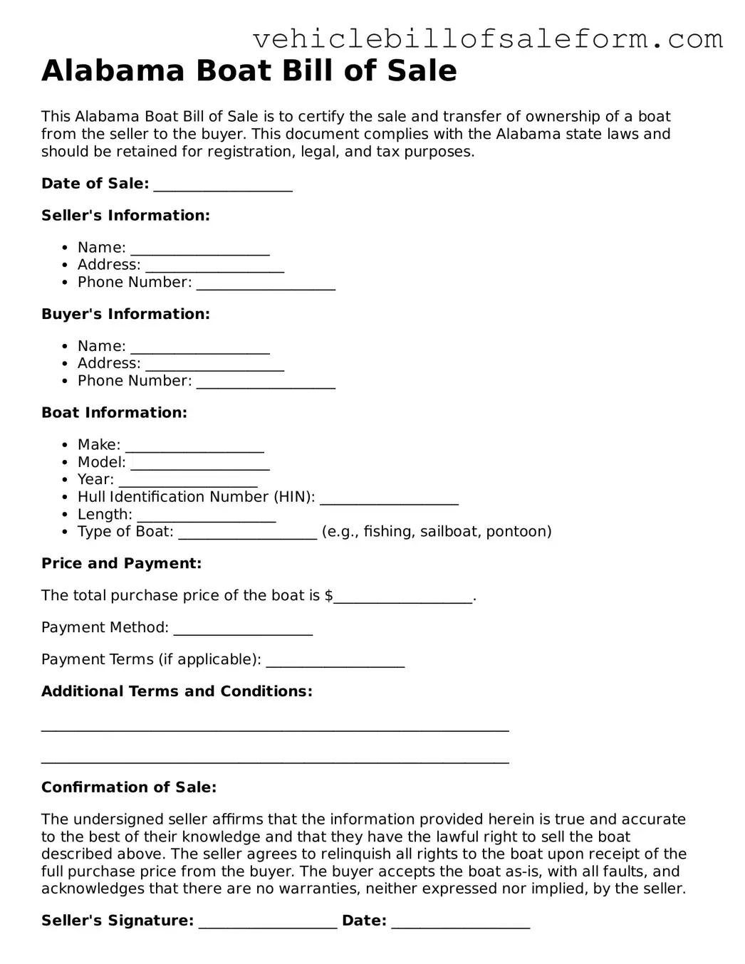 Printable  Boat Bill of Sale Template for Alabama