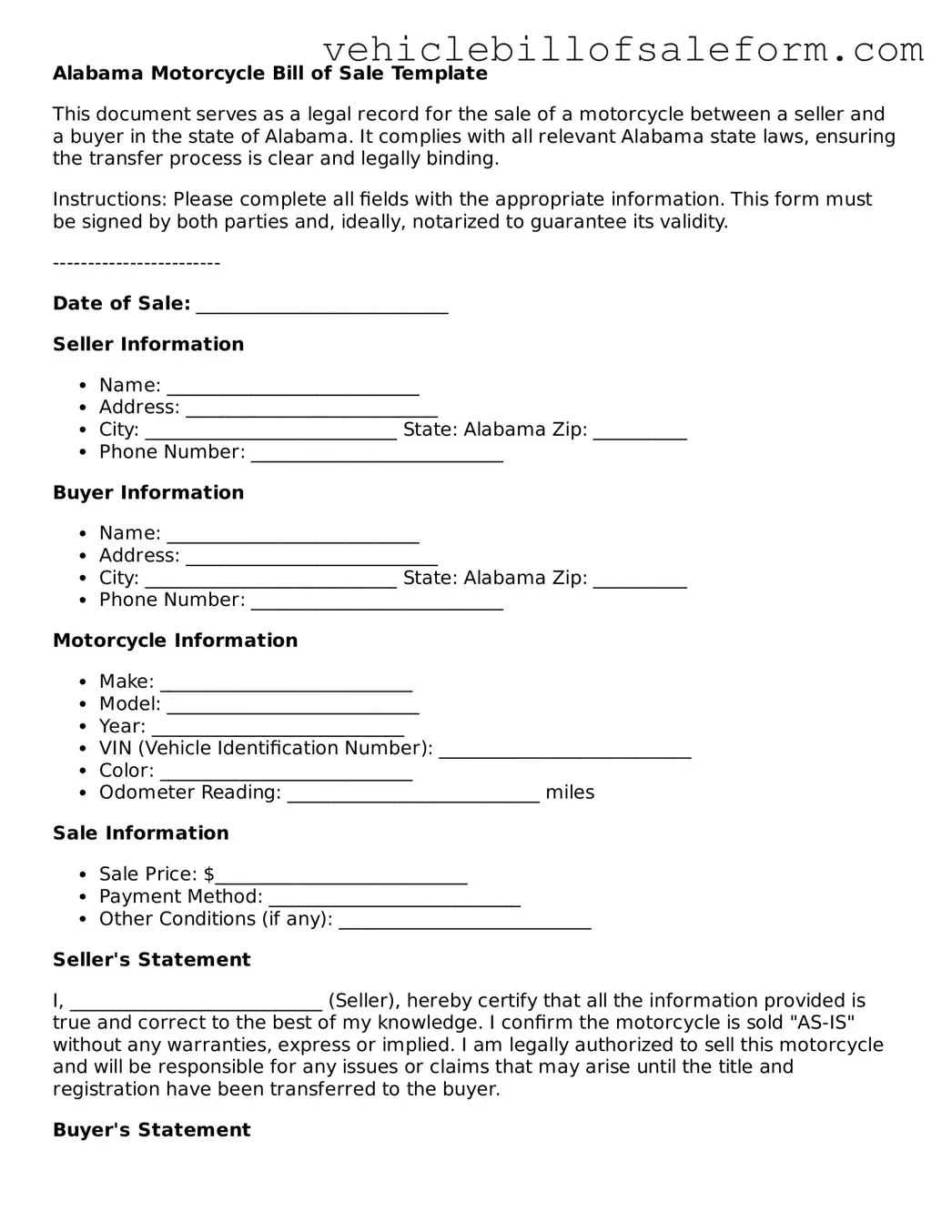 Printable  Motorcycle Bill of Sale Template for Alabama