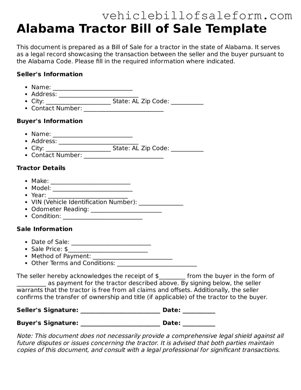 Printable  Tractor Bill of Sale Template for Alabama