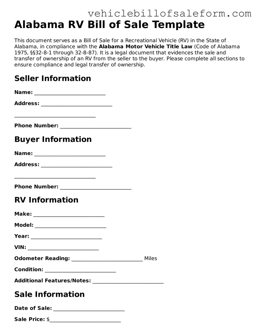 Printable  RV Bill of Sale Template for Alabama