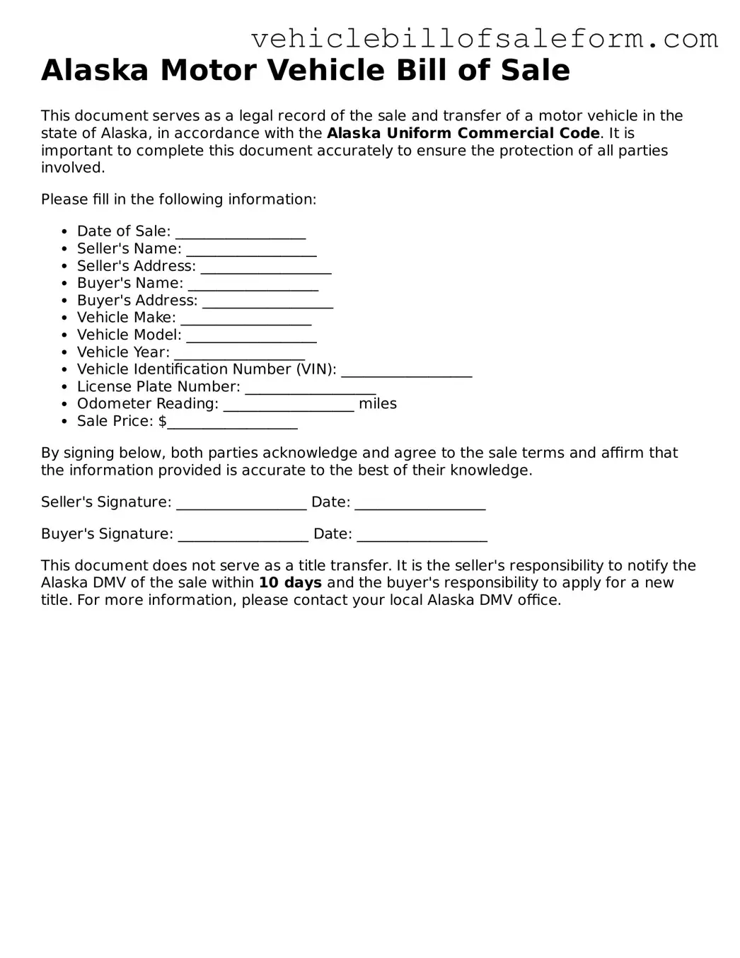 Printable  Motor Vehicle Bill of Sale Template for Alaska