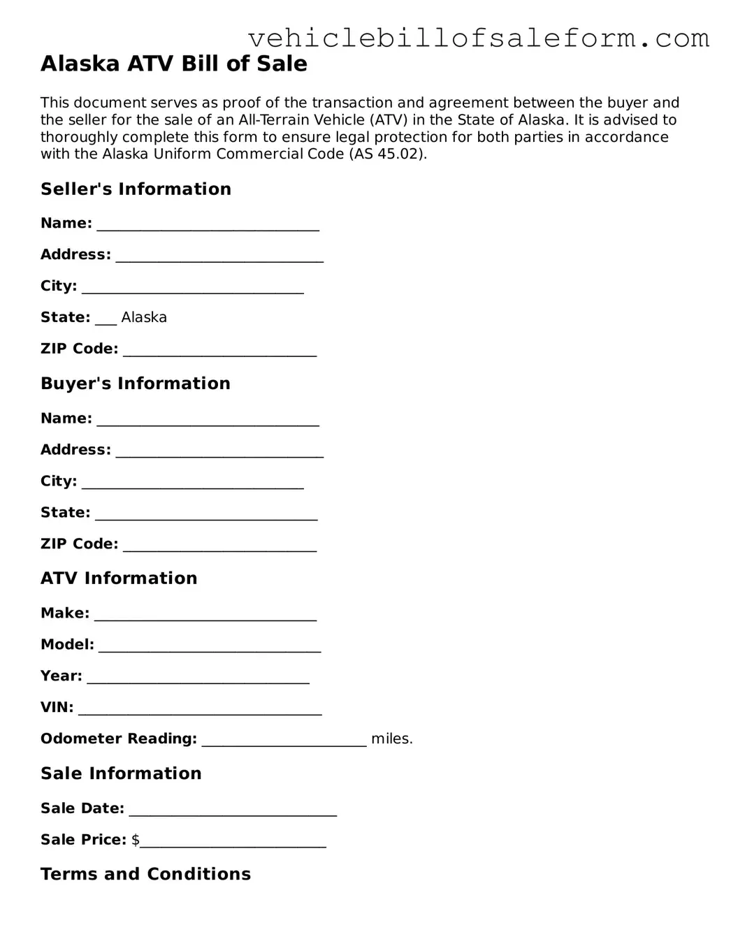 Printable  ATV Bill of Sale Template for Alaska