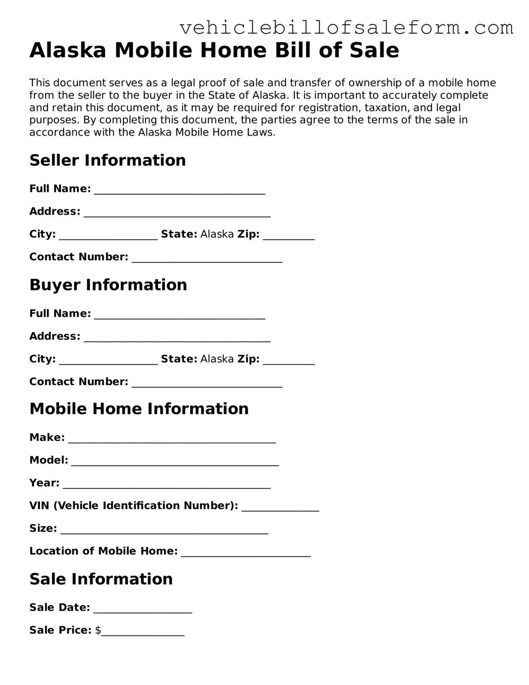 Printable  Mobile Home Bill of Sale Template for Alaska