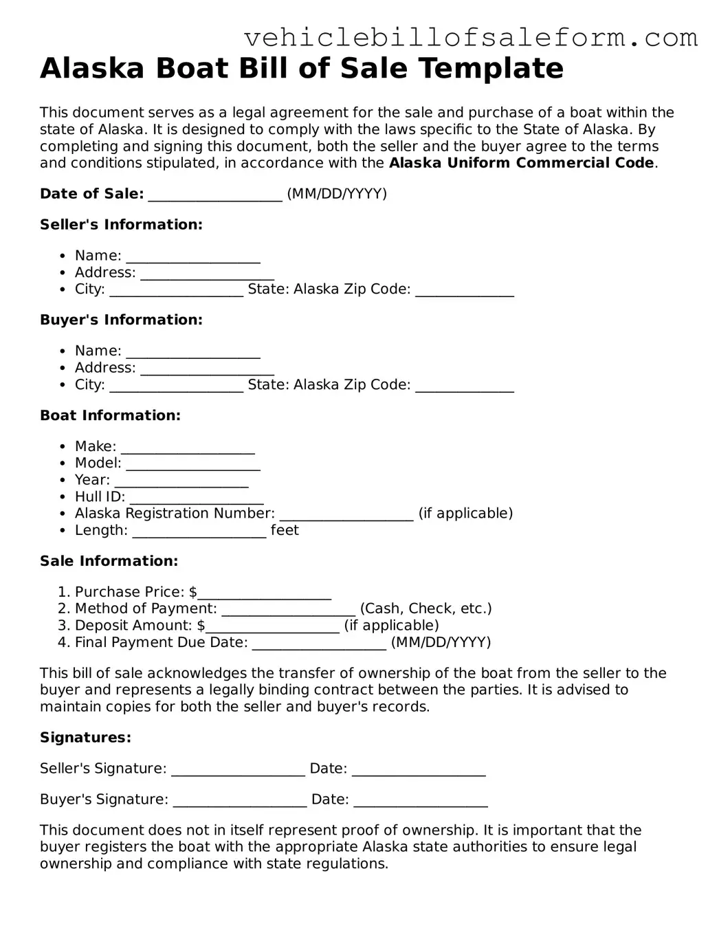Printable  Boat Bill of Sale Template for Alaska
