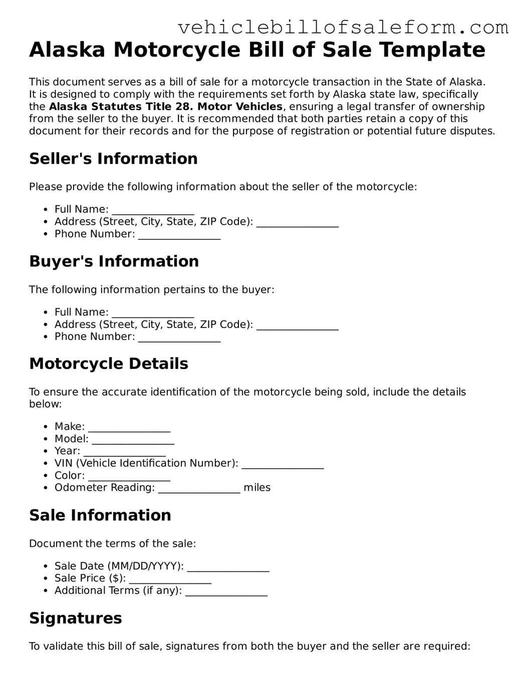 Printable  Motorcycle Bill of Sale Template for Alaska