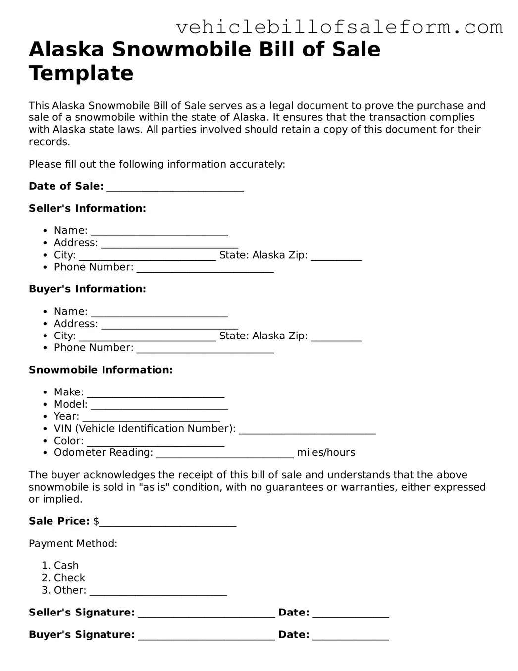 Printable  Snowmobile Bill of Sale Template for Alaska