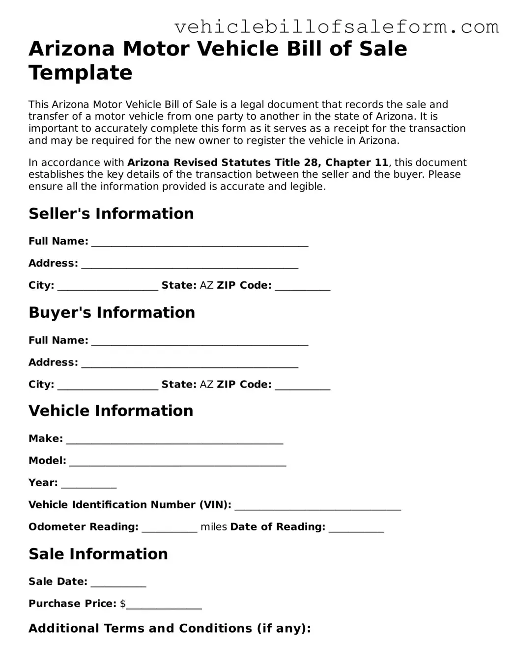 Printable  Motor Vehicle Bill of Sale Template for Arizona