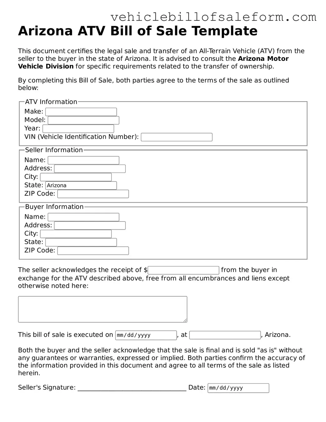 Printable  ATV Bill of Sale Template for Arizona
