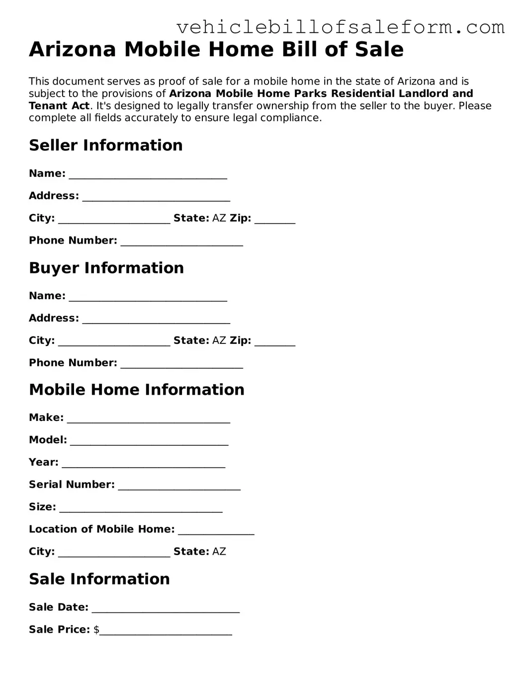 Printable  Mobile Home Bill of Sale Template for Arizona