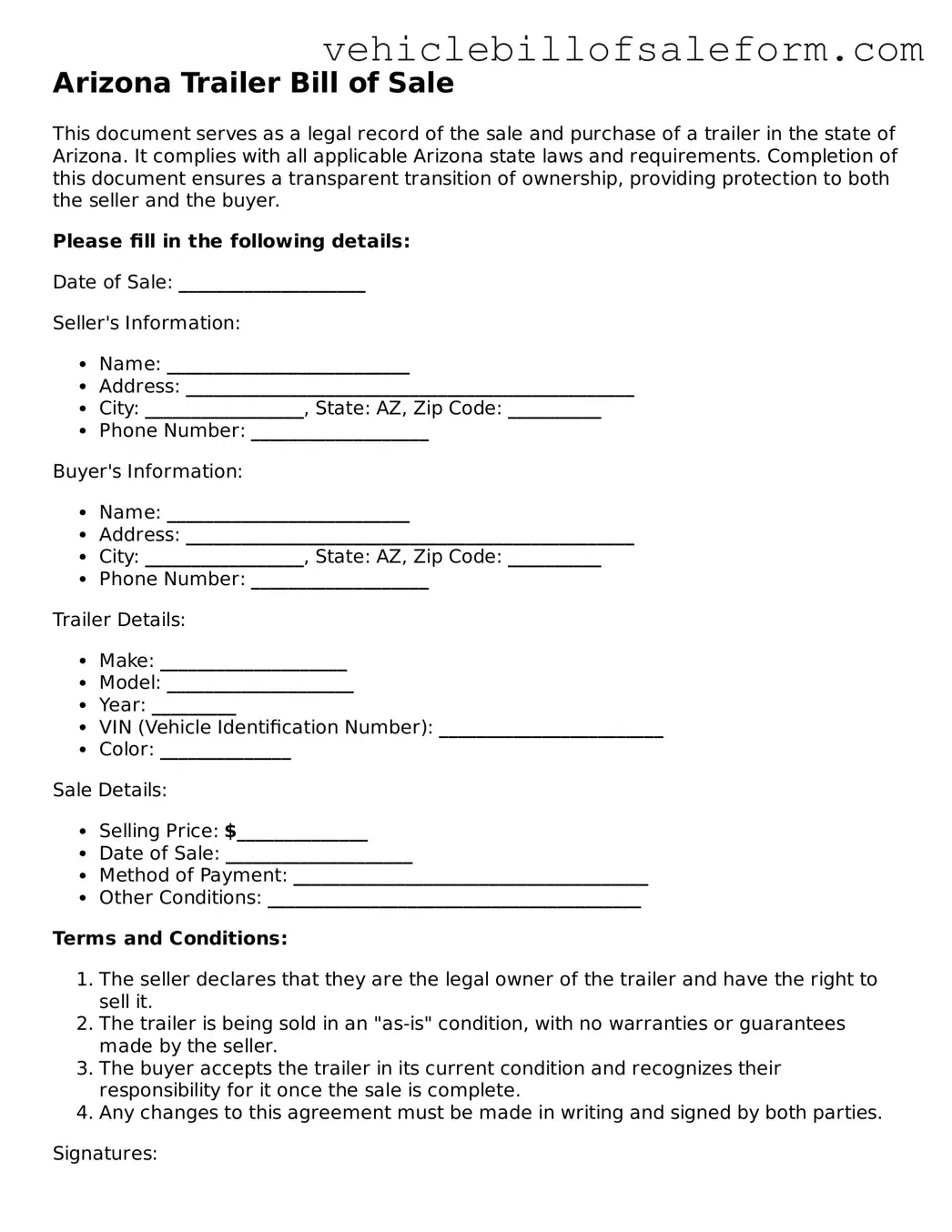 Printable  Trailer Bill of Sale Template for Arizona