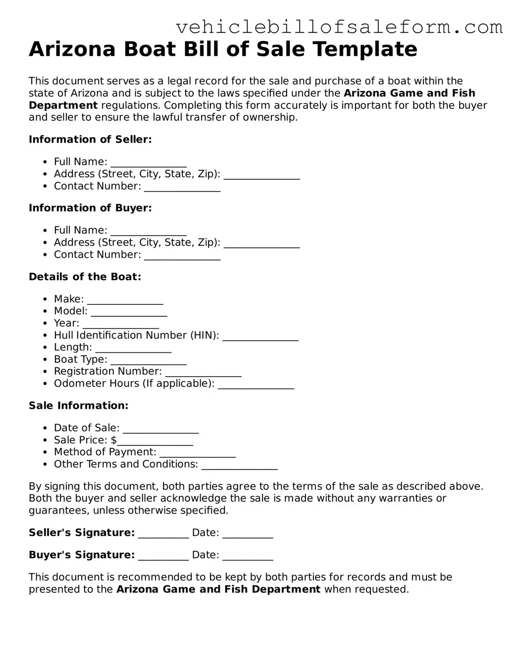Printable  Boat Bill of Sale Template for Arizona