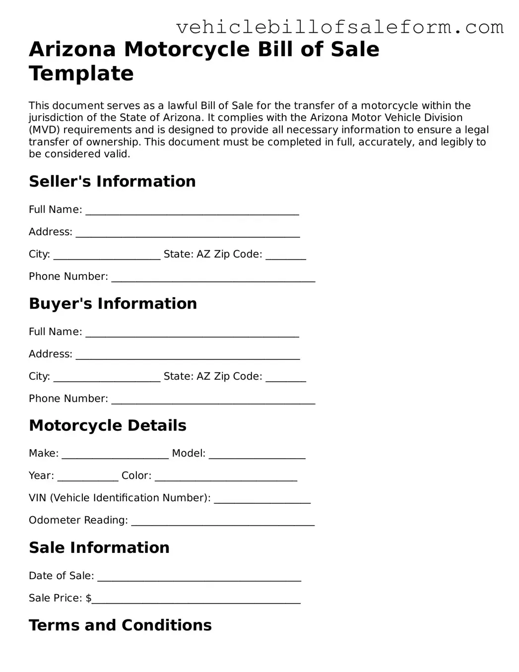 Printable  Motorcycle Bill of Sale Template for Arizona