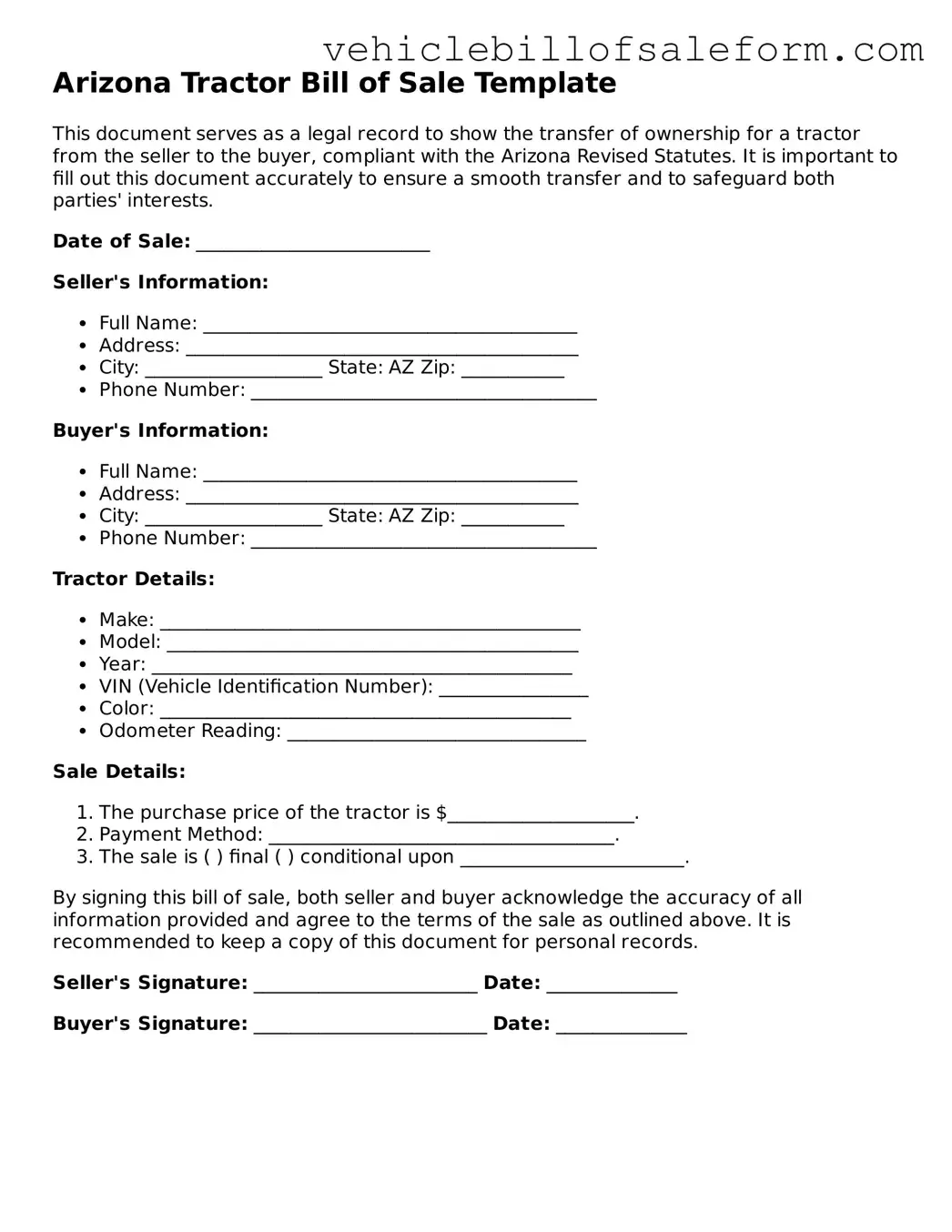 Printable  Tractor Bill of Sale Template for Arizona