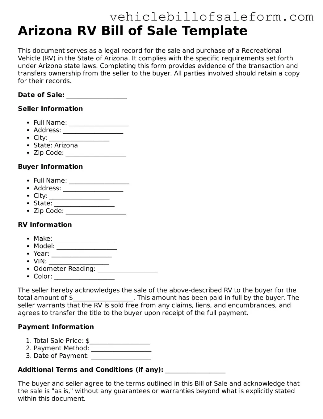 Printable  RV Bill of Sale Template for Arizona