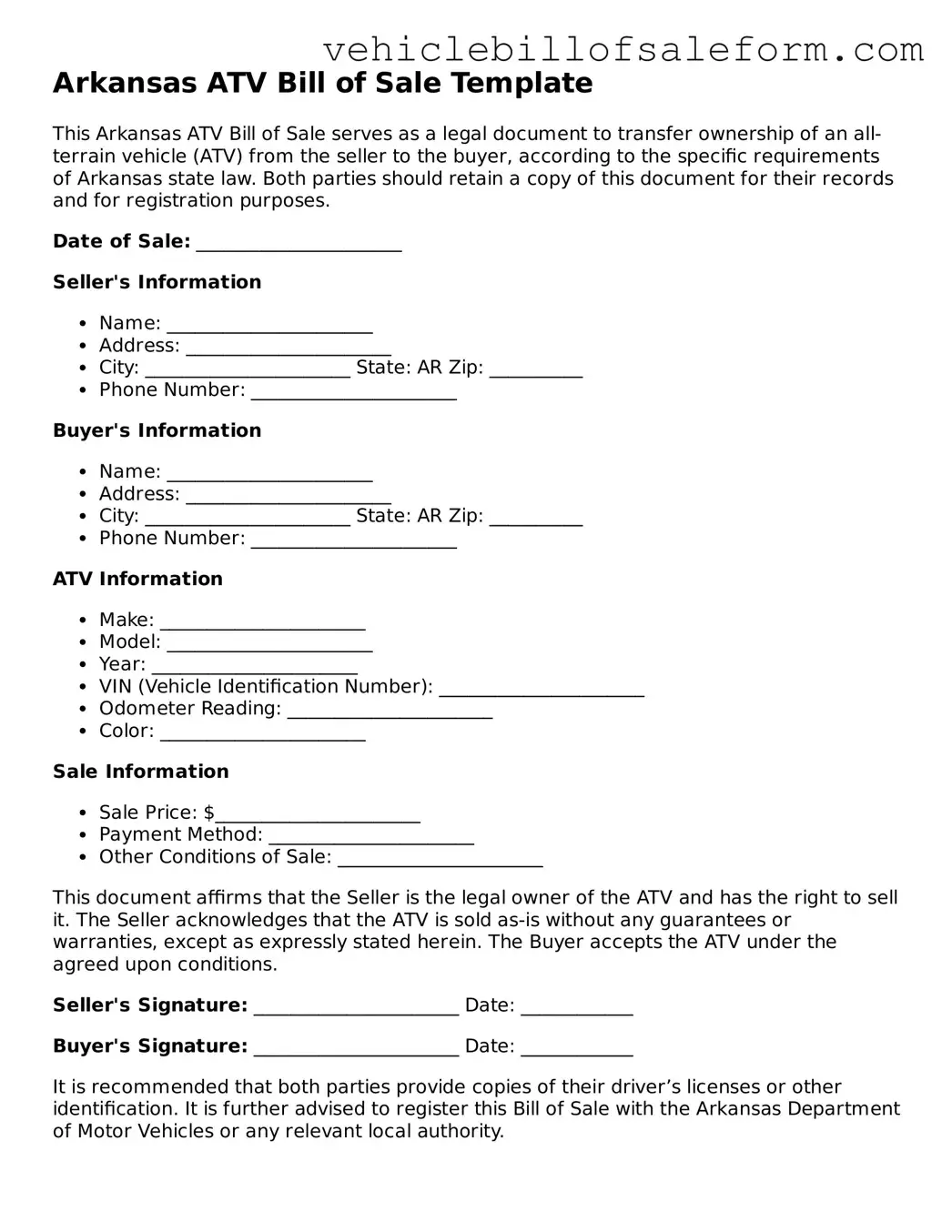 Printable  ATV Bill of Sale Template for Arkansas