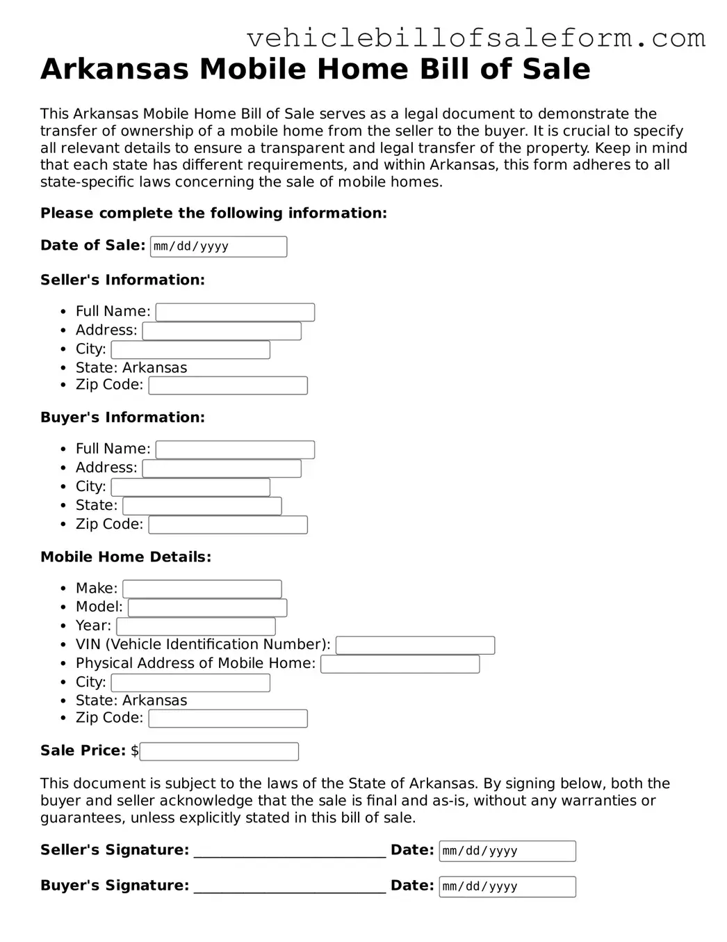 Printable  Mobile Home Bill of Sale Template for Arkansas