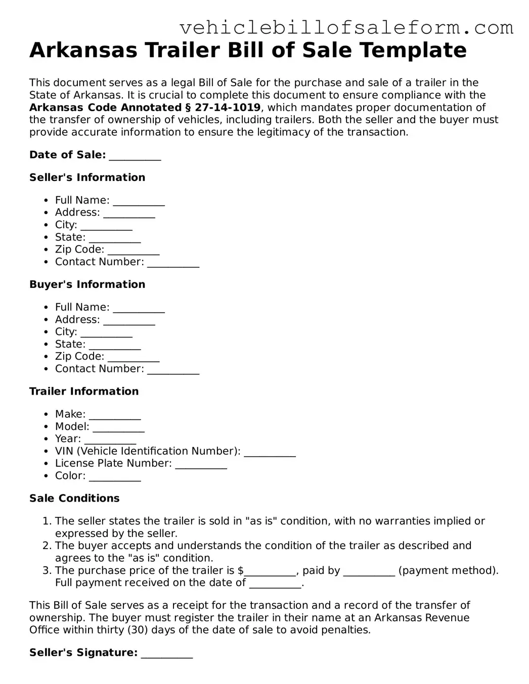 Printable  Trailer Bill of Sale Template for Arkansas