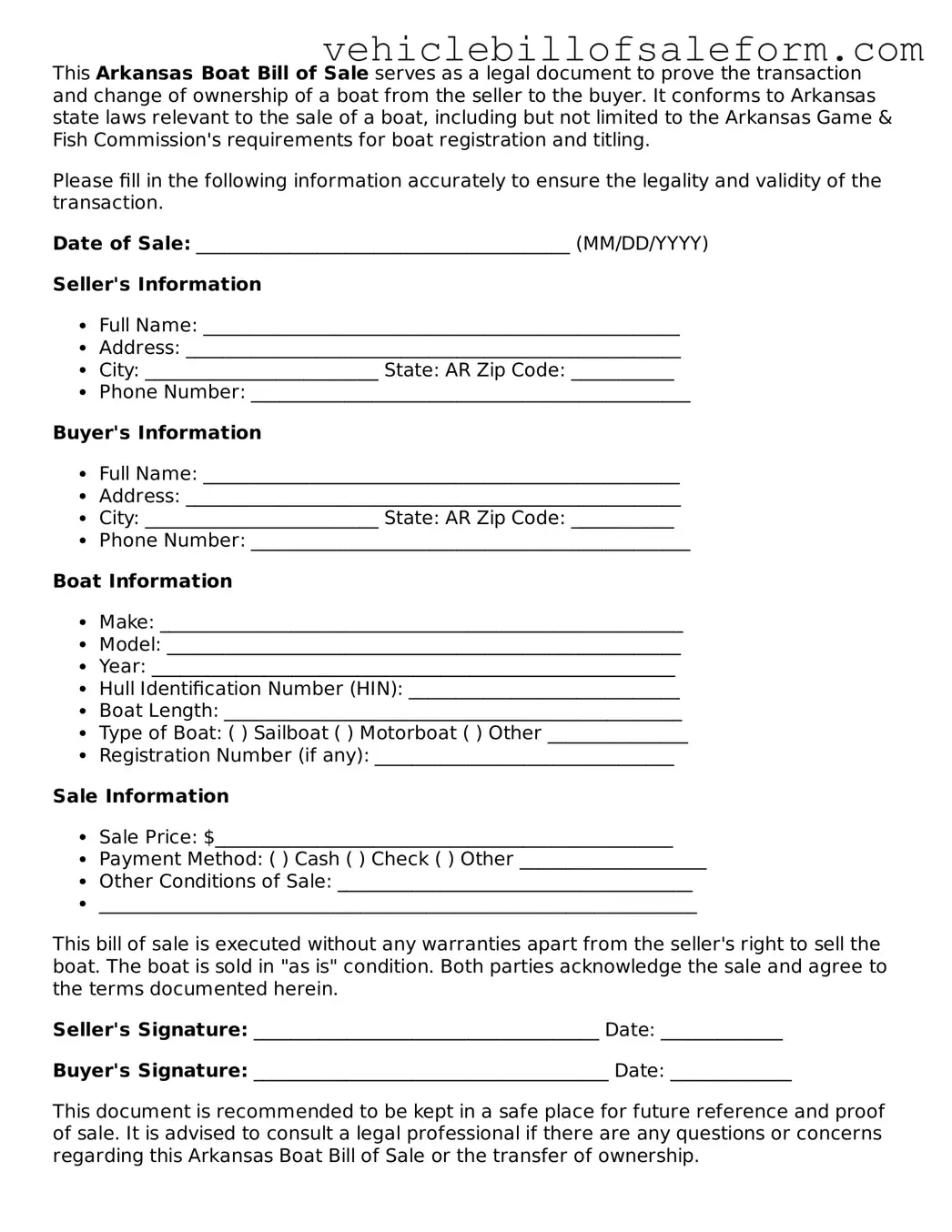 Printable  Boat Bill of Sale Template for Arkansas