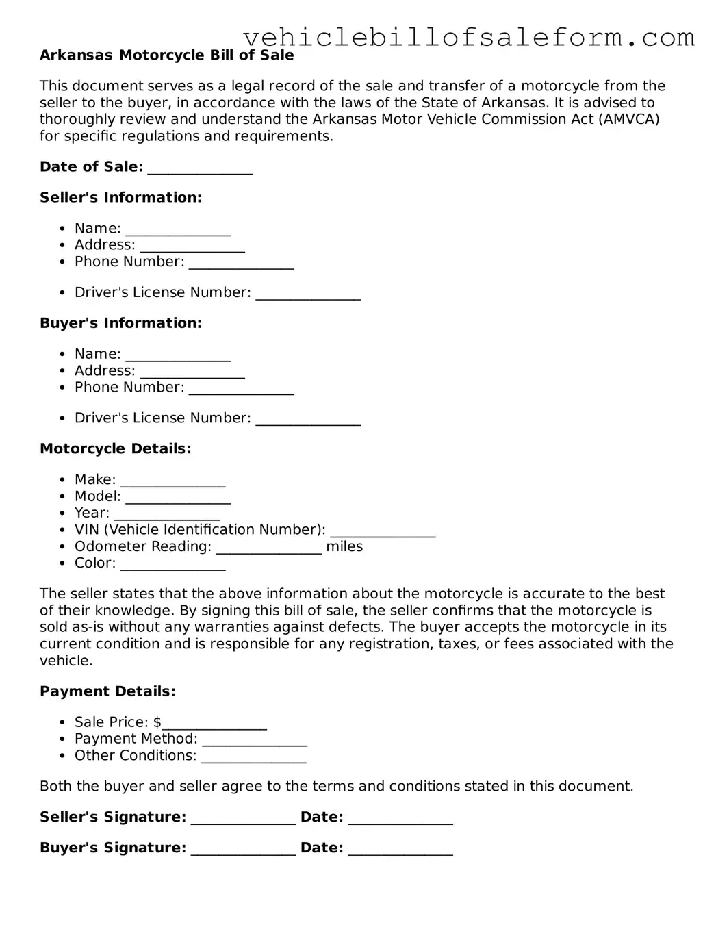 Printable  Motorcycle Bill of Sale Template for Arkansas