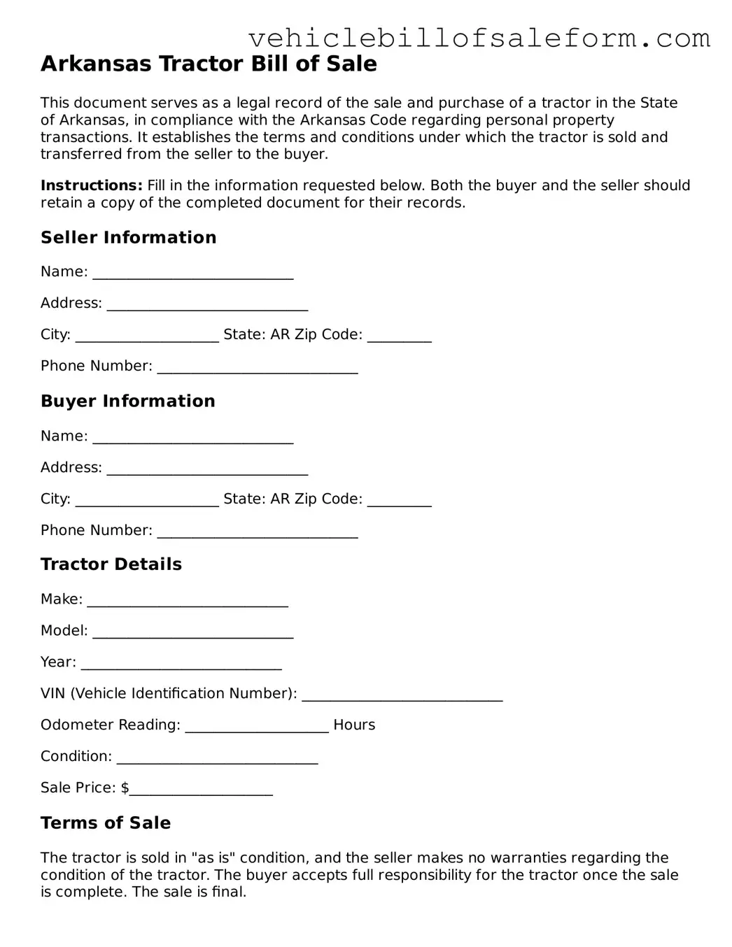 Printable  Tractor Bill of Sale Template for Arkansas