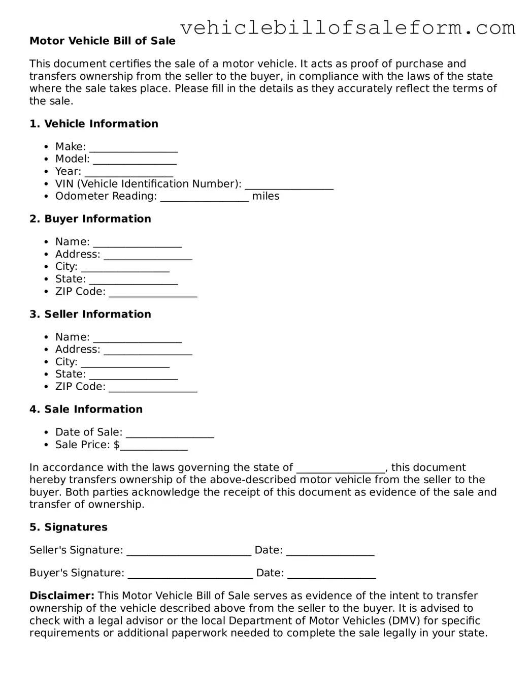 Blank Motor Vehicle Bill of Sale Document