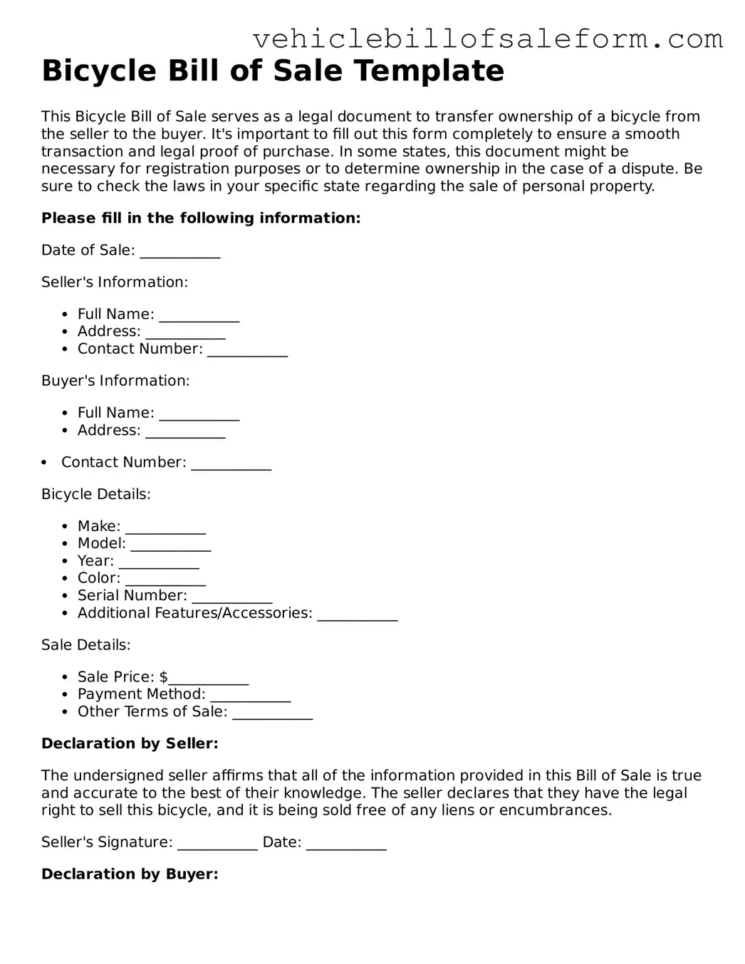 Blank Bicycle Bill of Sale Document