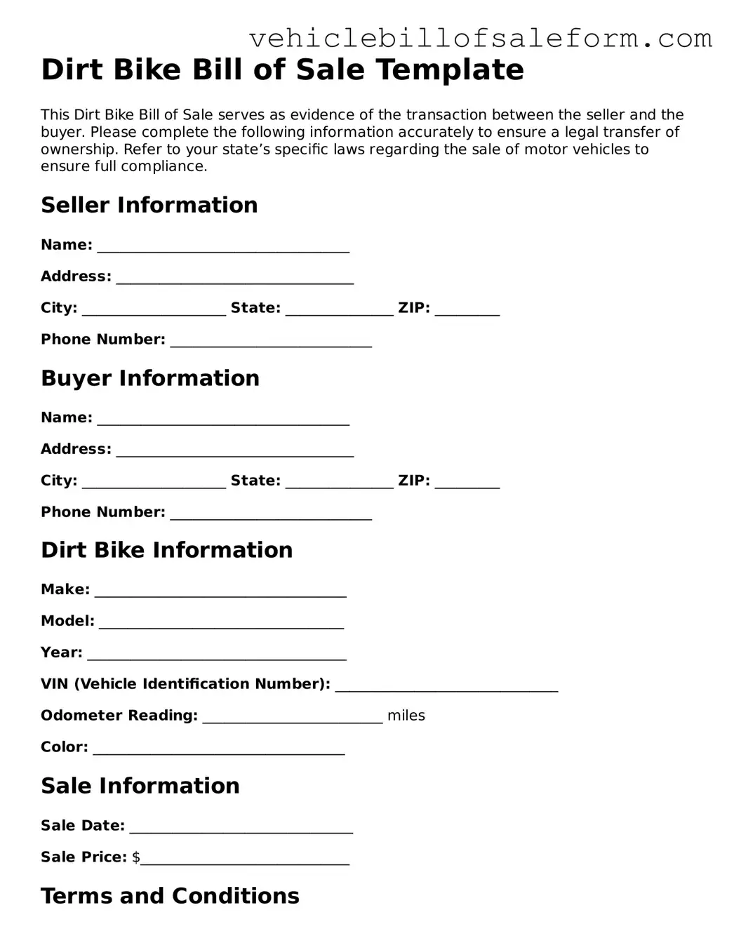 Blank Dirt Bike Bill of Sale Document