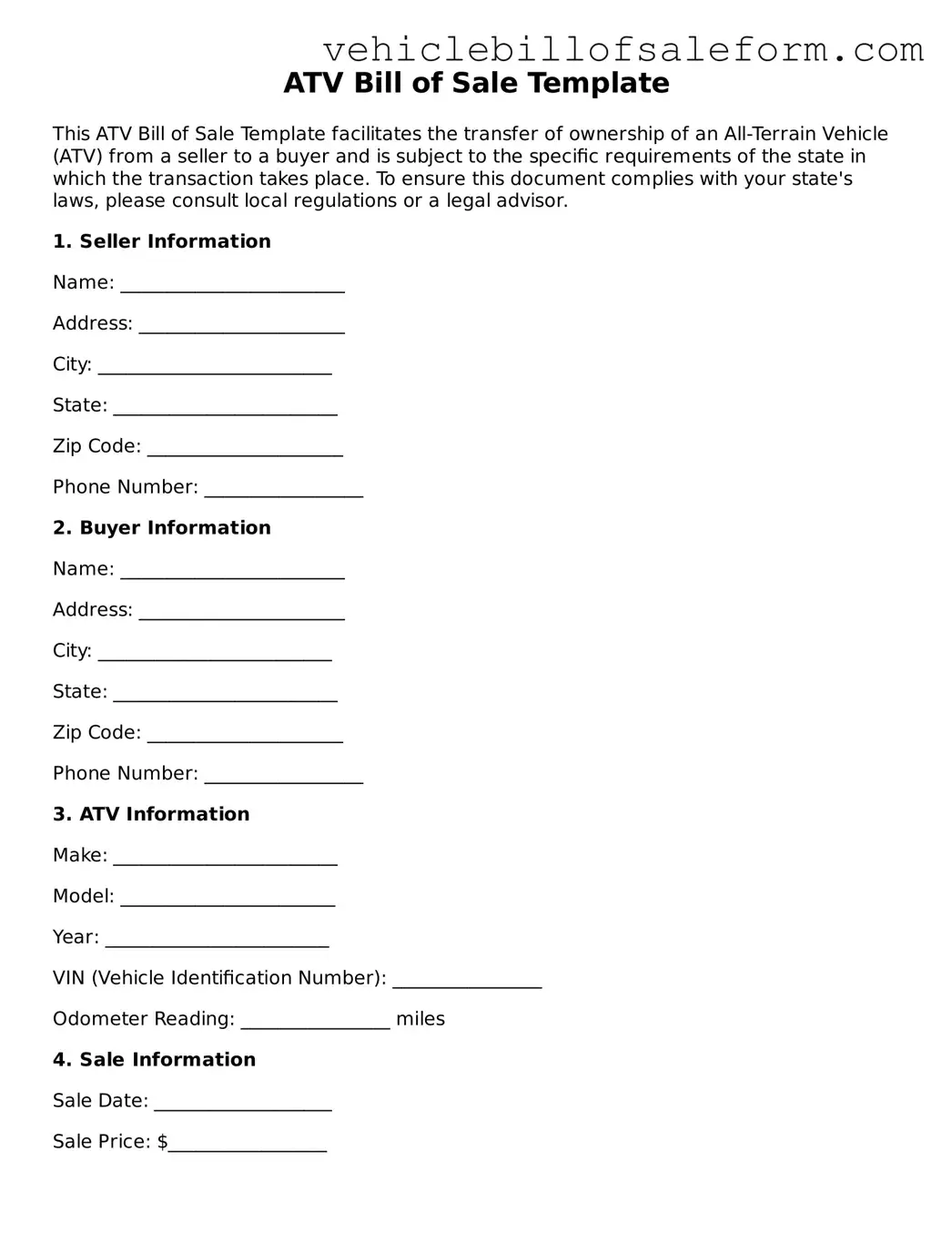 Blank ATV Bill of Sale Document