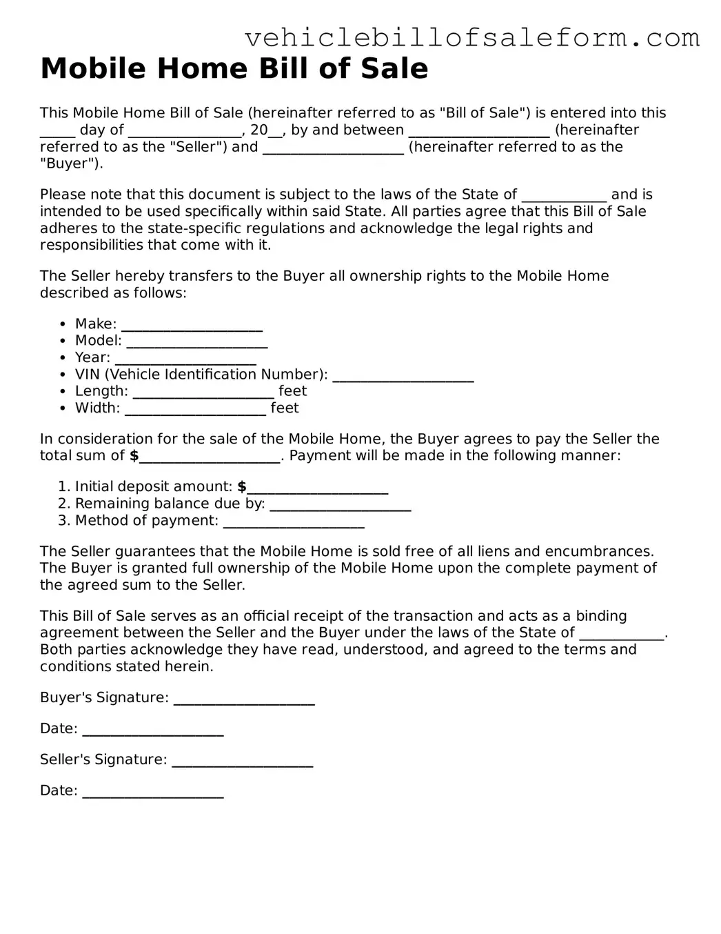 Blank Mobile Home Bill of Sale Document