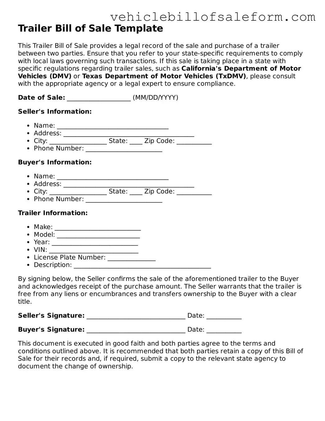 Blank Trailer Bill of Sale Document