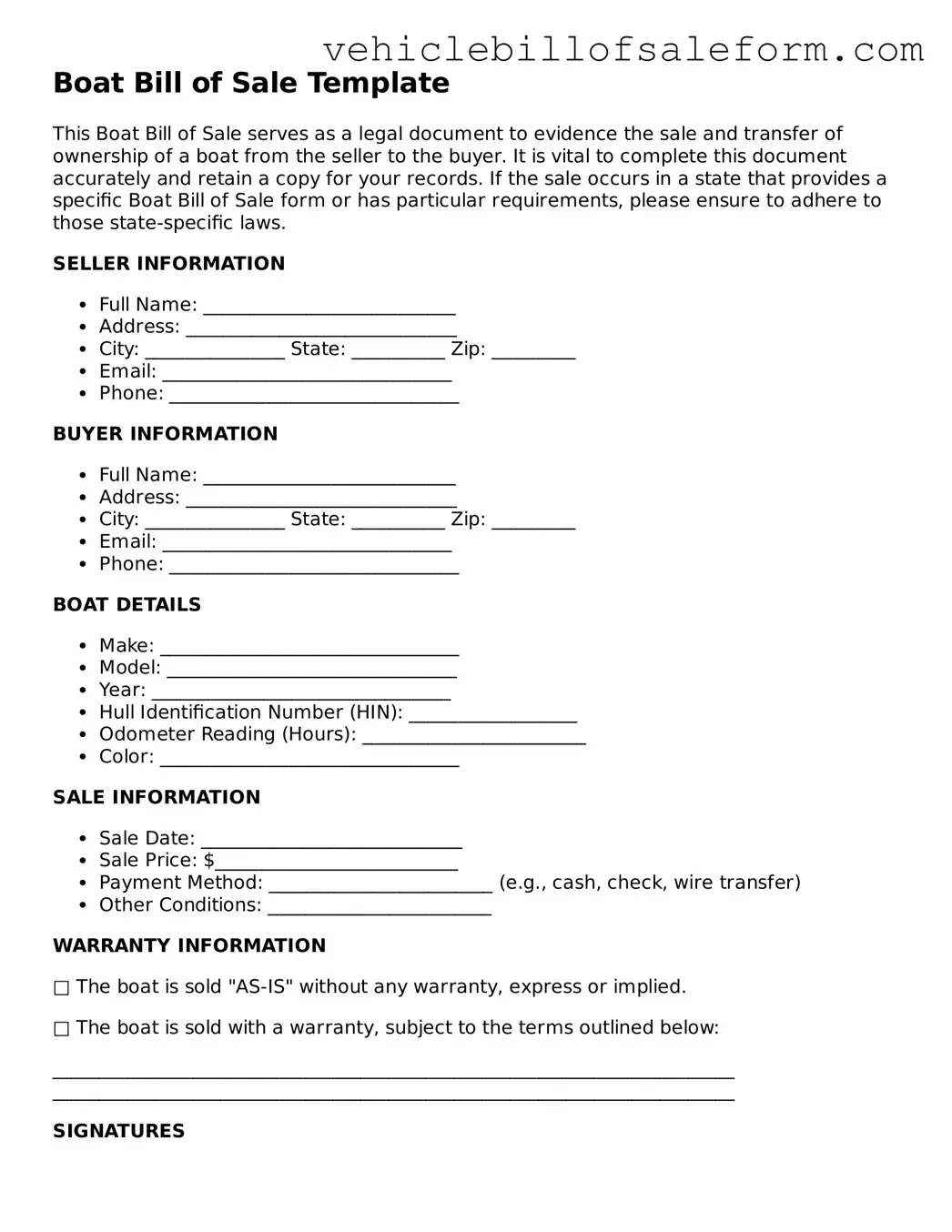Blank Boat Bill of Sale Document