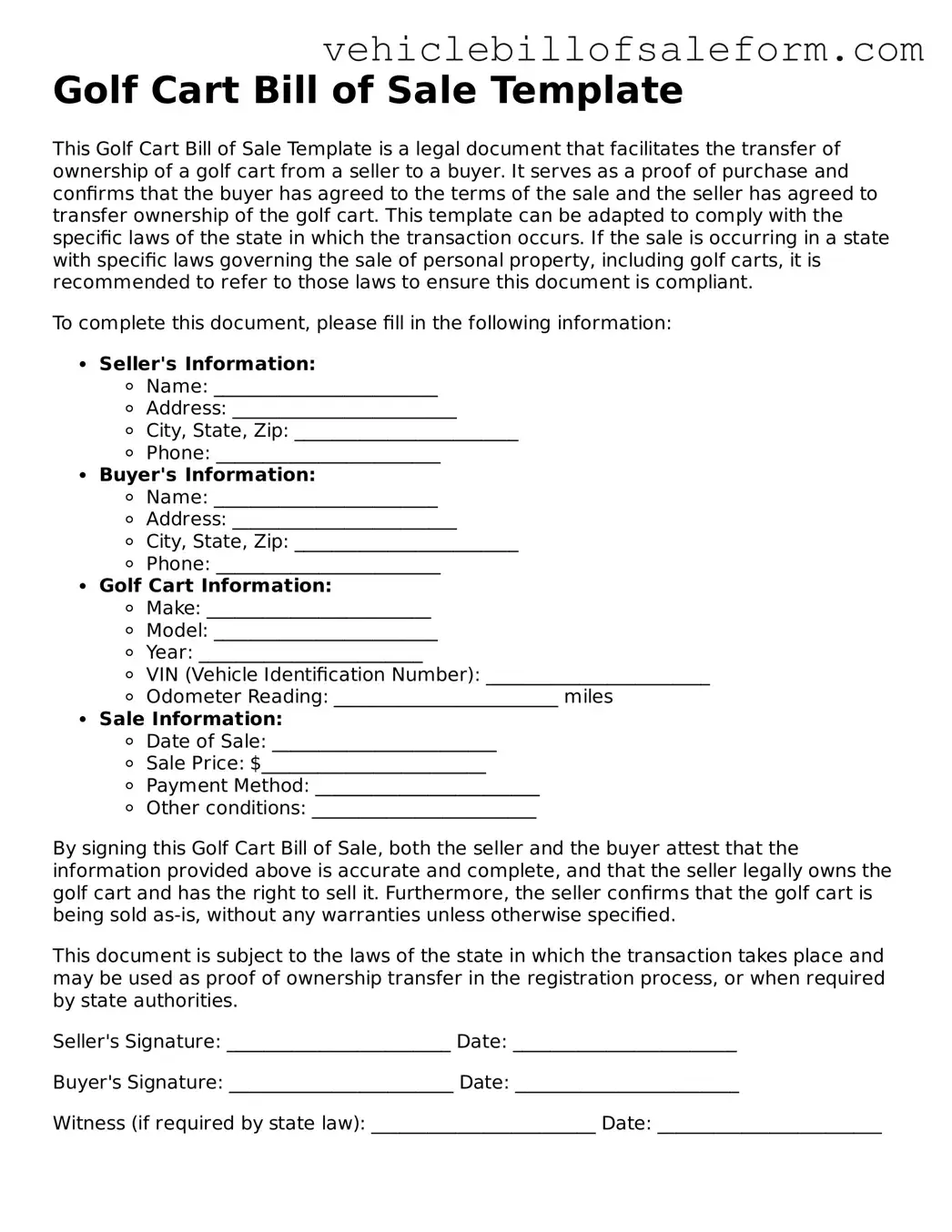 Blank Golf Cart Bill of Sale Document