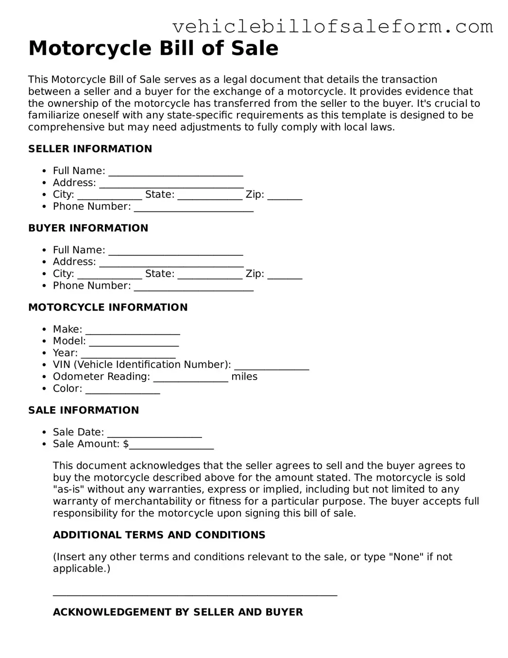 Blank Motorcycle Bill of Sale Document