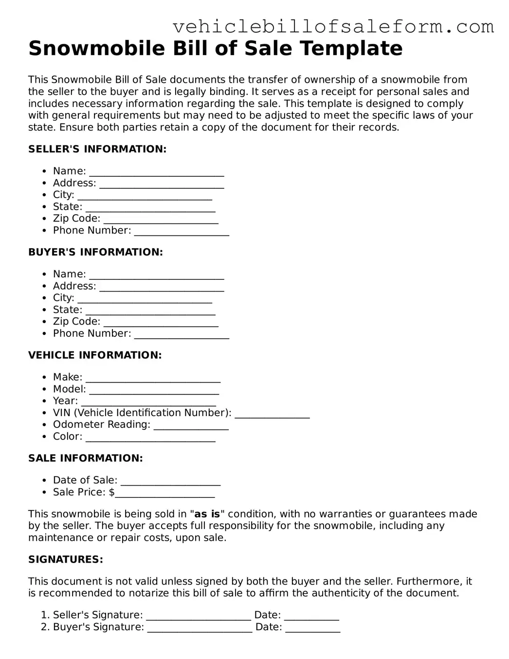 Blank Snowmobile Bill of Sale Document