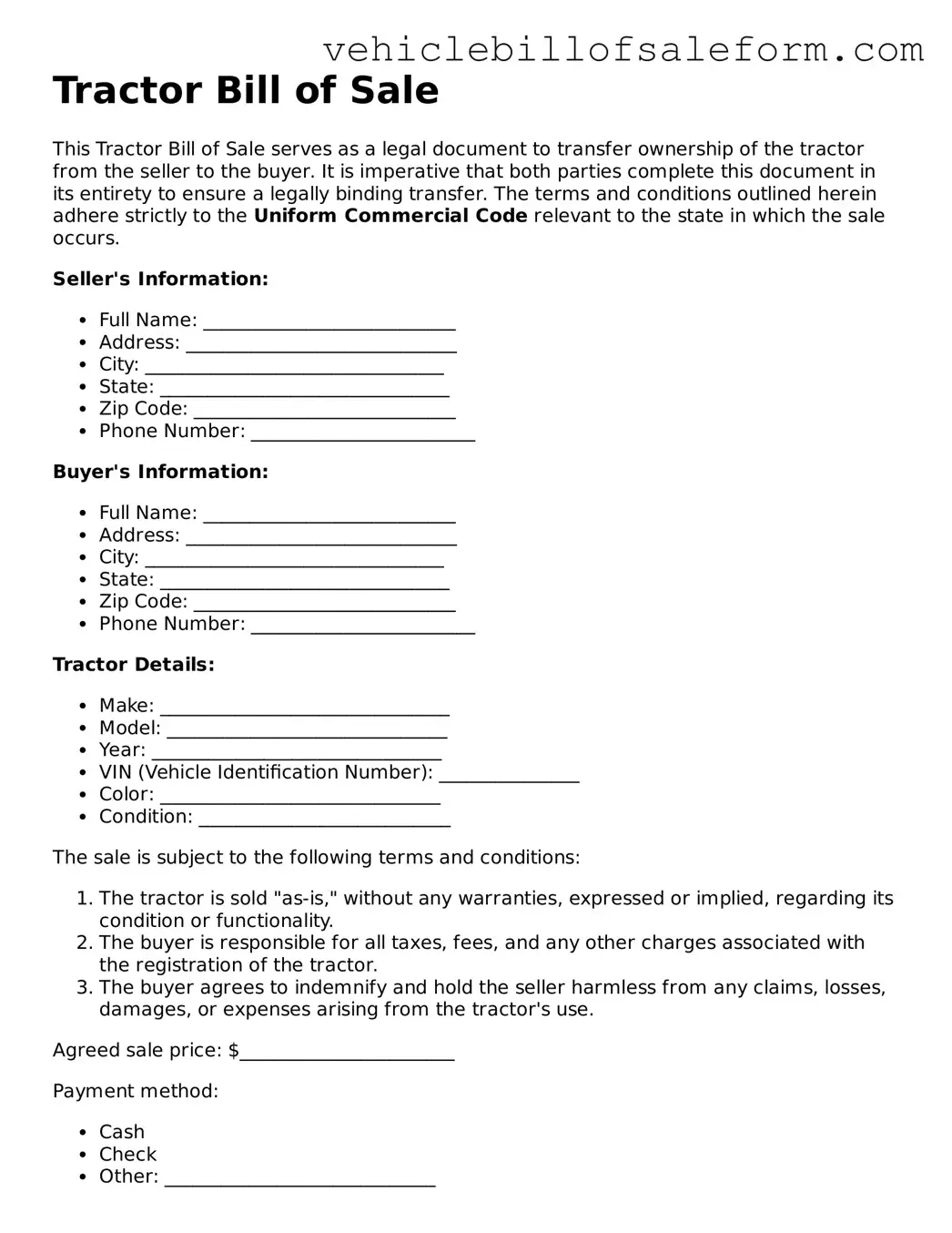 Blank Tractor Bill of Sale Document
