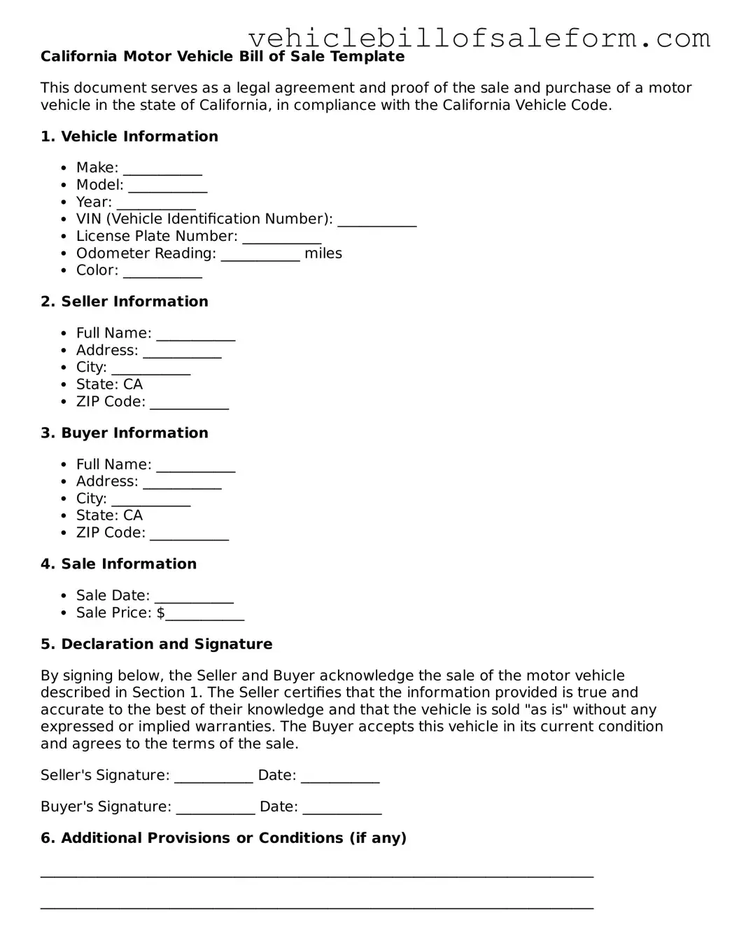 Printable  Motor Vehicle Bill of Sale Template for California