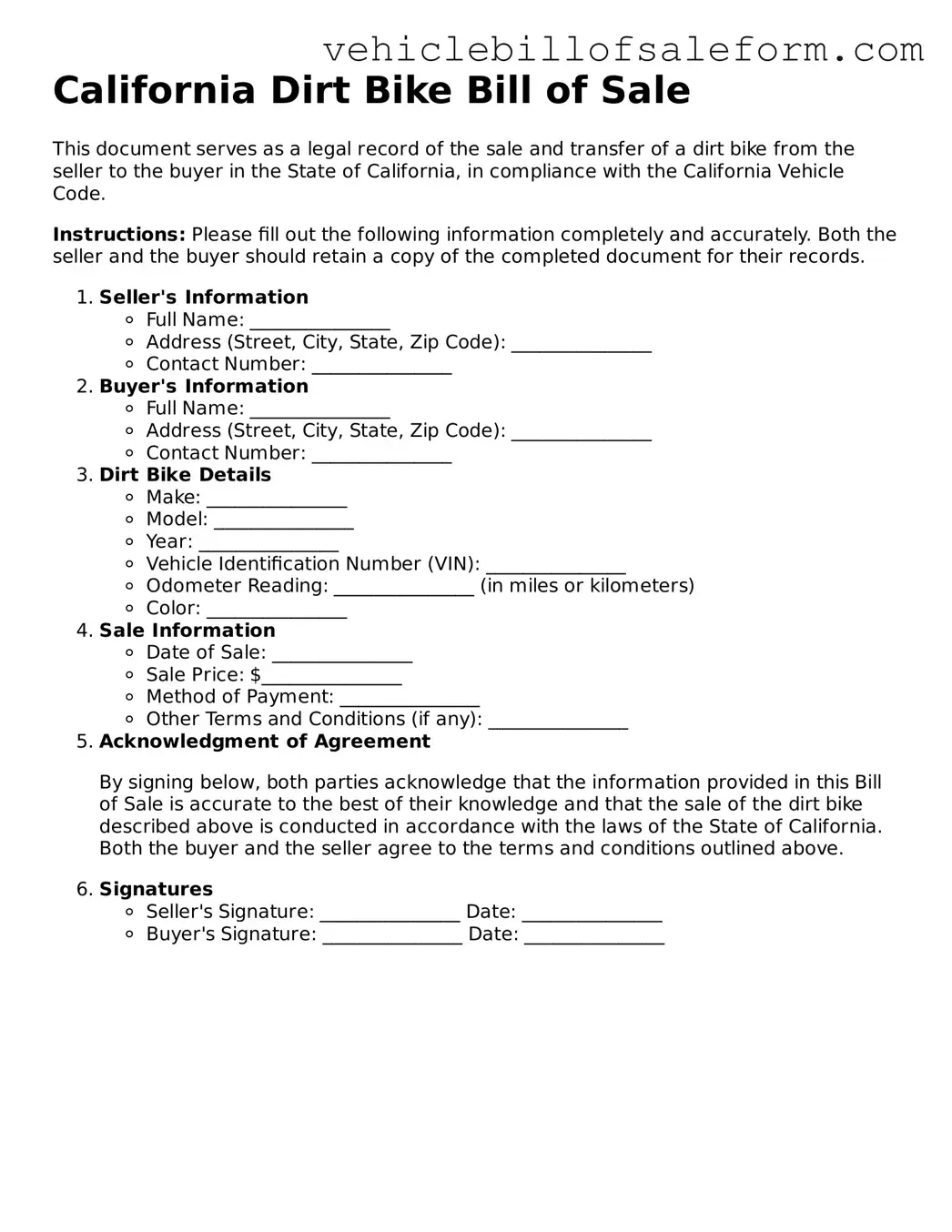 Printable  Dirt Bike Bill of Sale Template for California