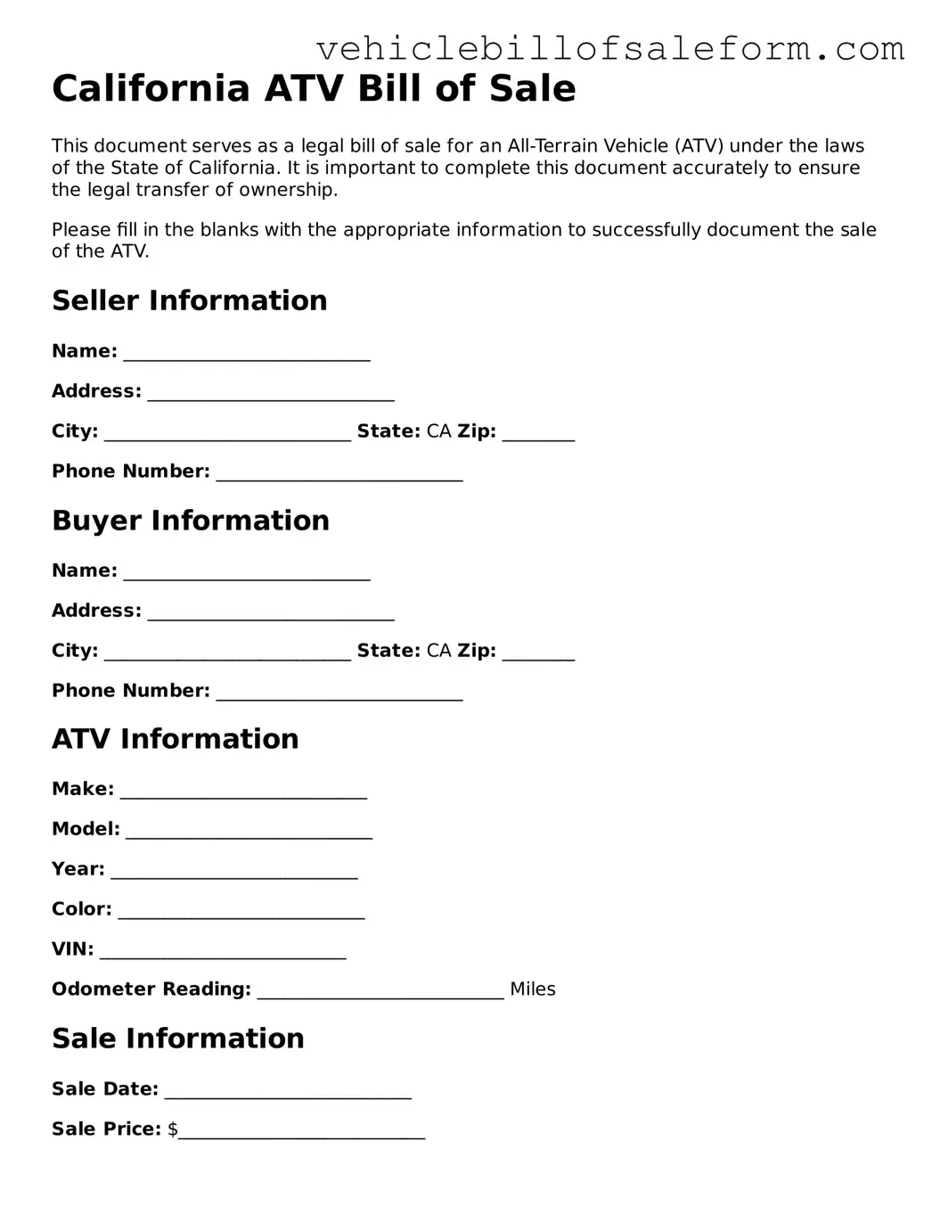 Printable  ATV Bill of Sale Template for California