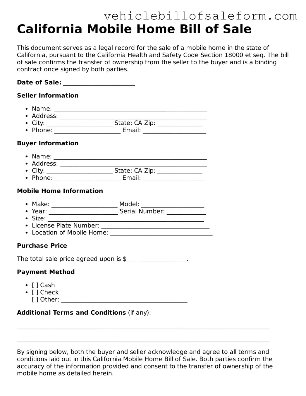 Printable  Mobile Home Bill of Sale Template for California