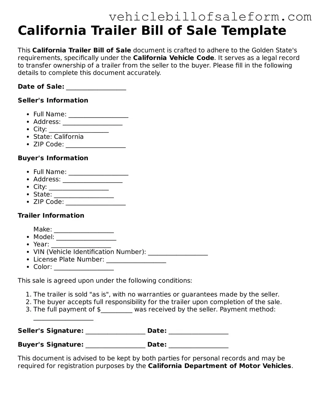 Printable  Trailer Bill of Sale Template for California