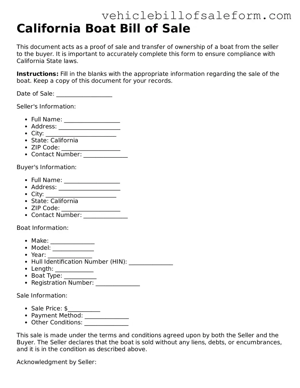 Printable  Boat Bill of Sale Template for California
