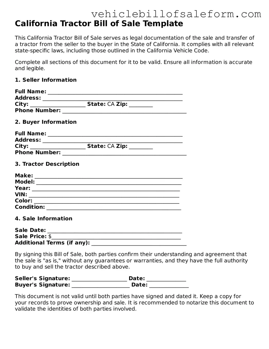 Printable  Tractor Bill of Sale Template for California