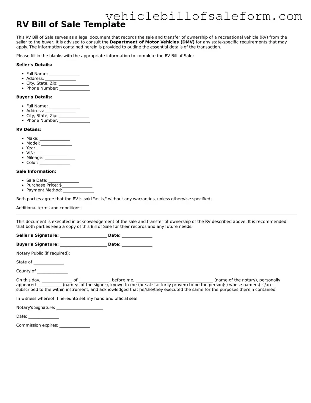 Blank RV Bill of Sale Document
