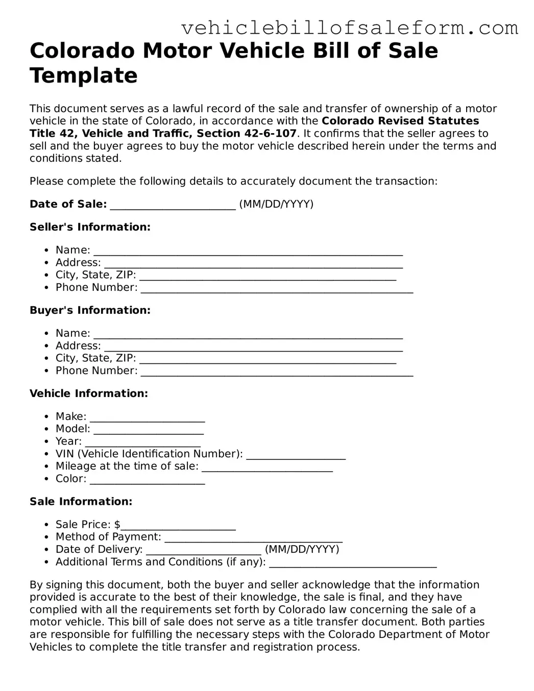 Printable  Motor Vehicle Bill of Sale Template for Colorado