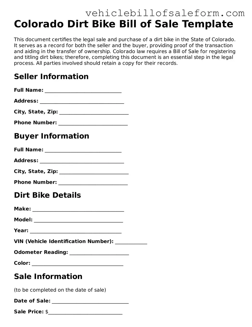 Printable  Dirt Bike Bill of Sale Template for Colorado