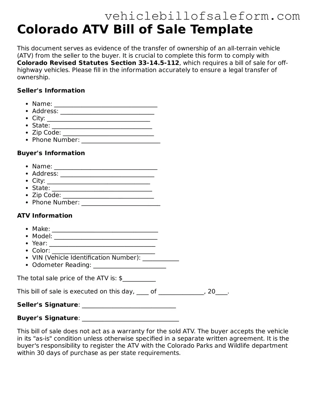 Printable  ATV Bill of Sale Template for Colorado